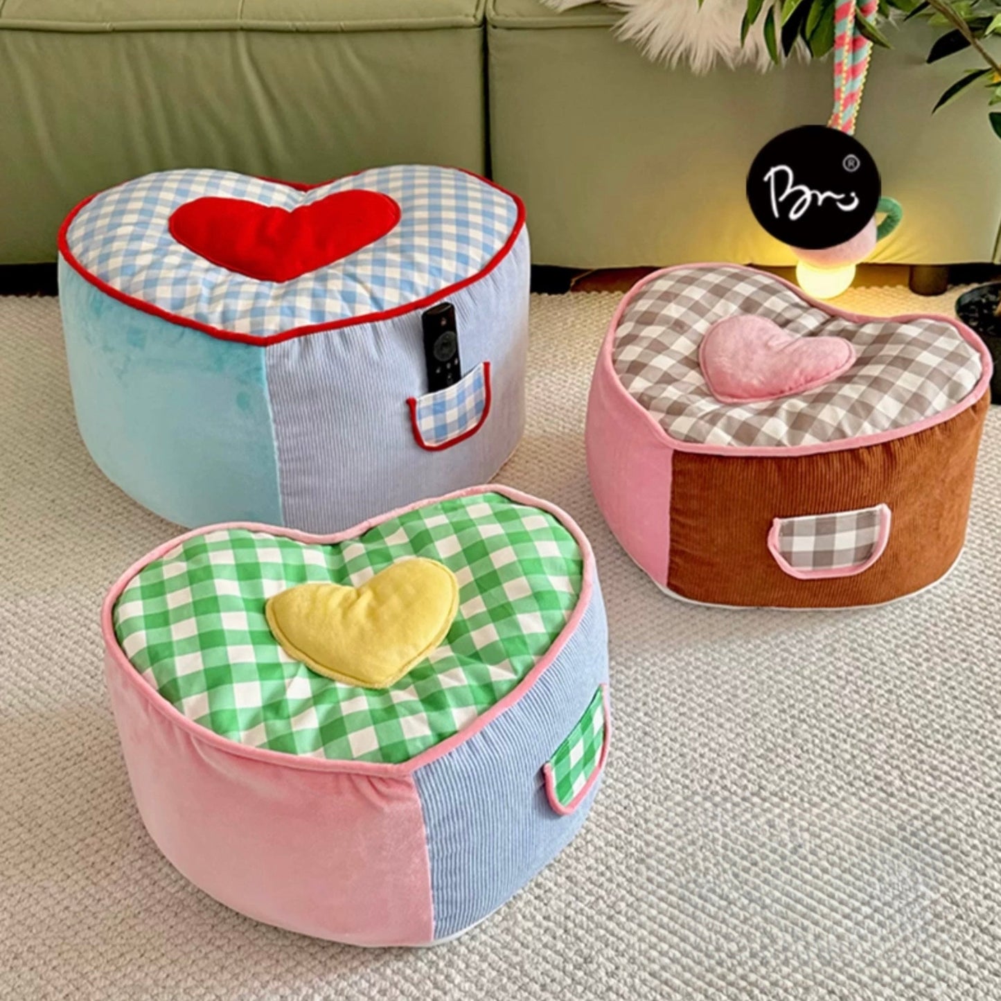 Cozy Plaid Heart Pouf Cushion