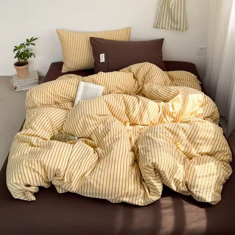Yellow & Brown Striped Cotton Bedding Set