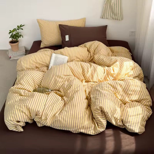 Yellow & Brown Striped Cotton Bedding Set