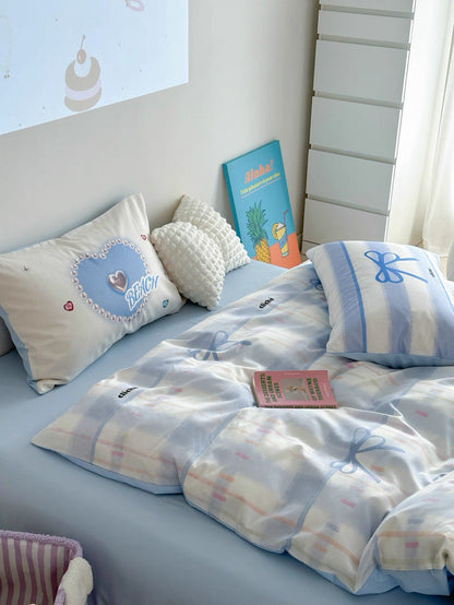 Blue Bow Cotton Bedding Set