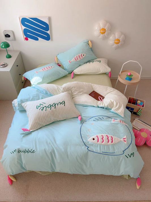 Blue Cartoon Fish Embroidered Bedding Set