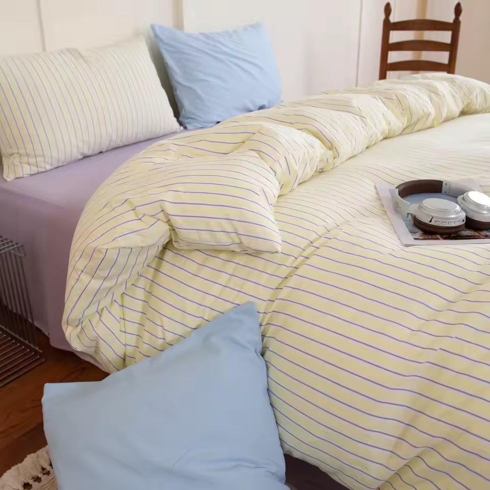 Pastel Yellow & Lilac Striped Bedding Set