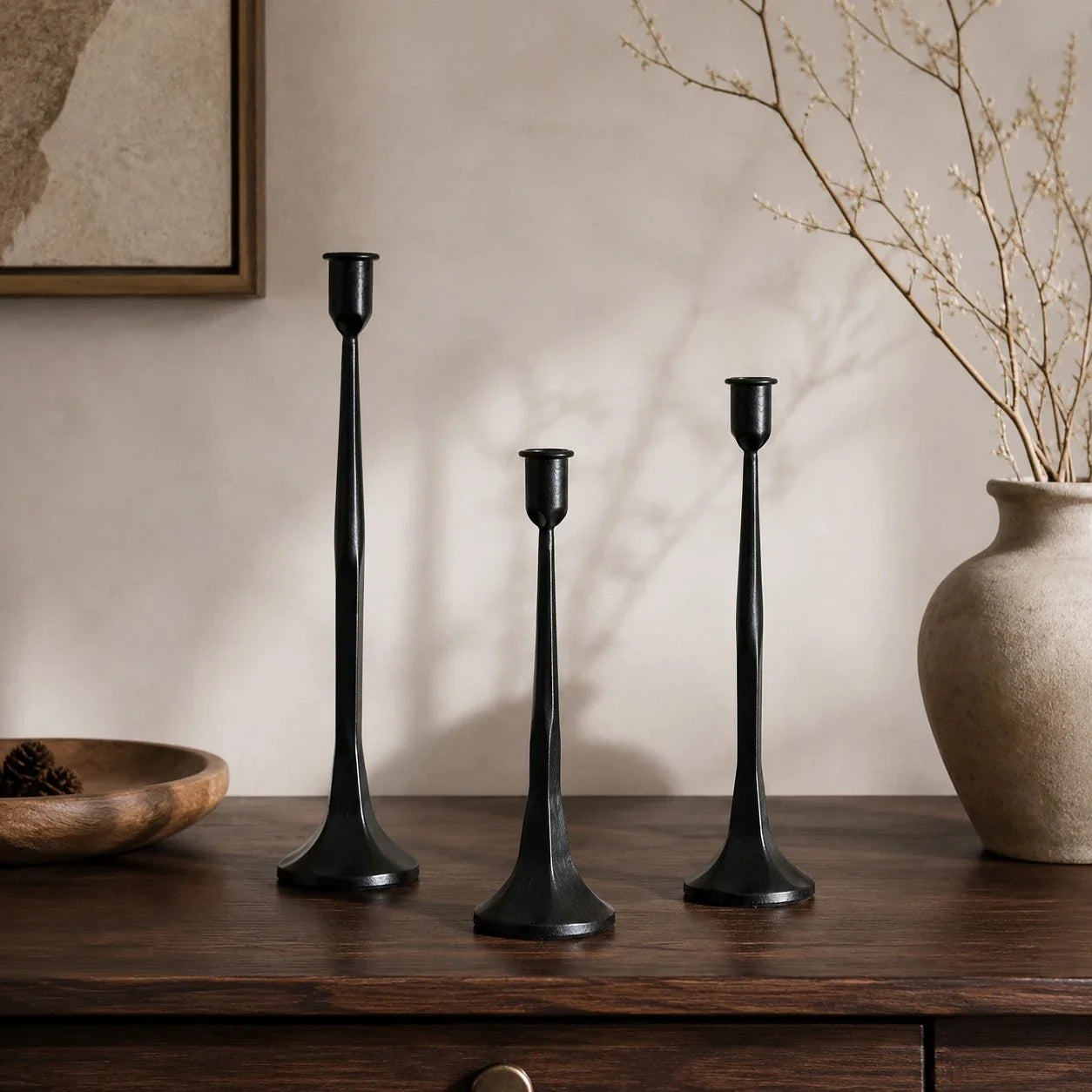 Wabi-Sabi Black Iron Taper Candle Holder Set