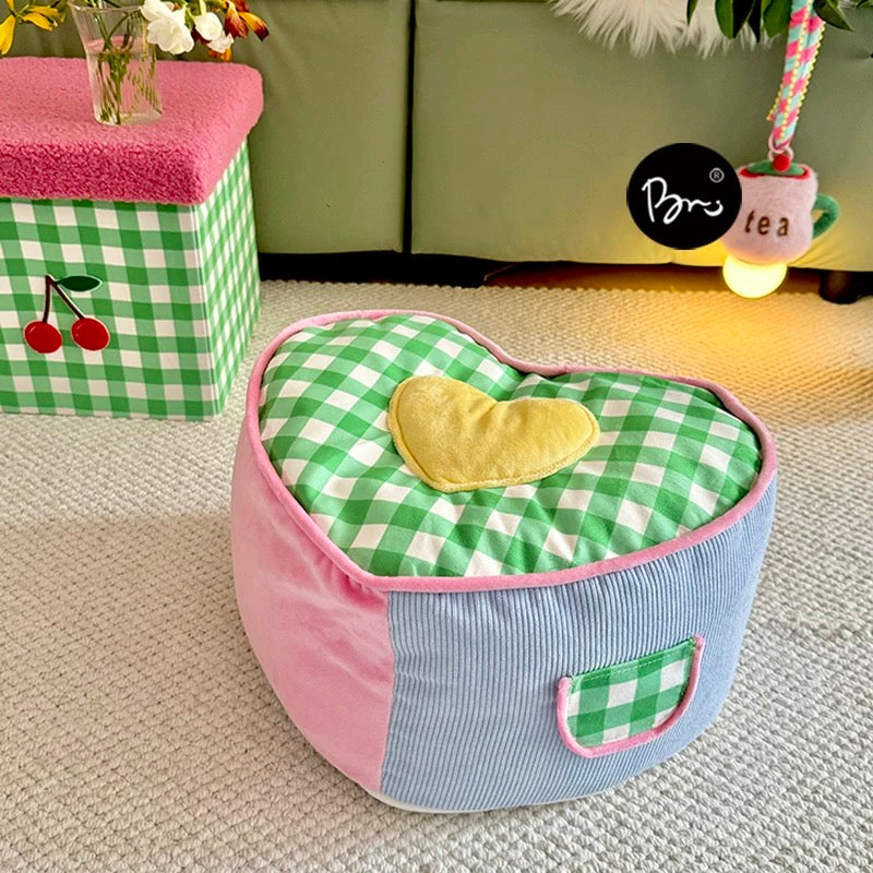 Cozy Plaid Heart Pouf Cushion