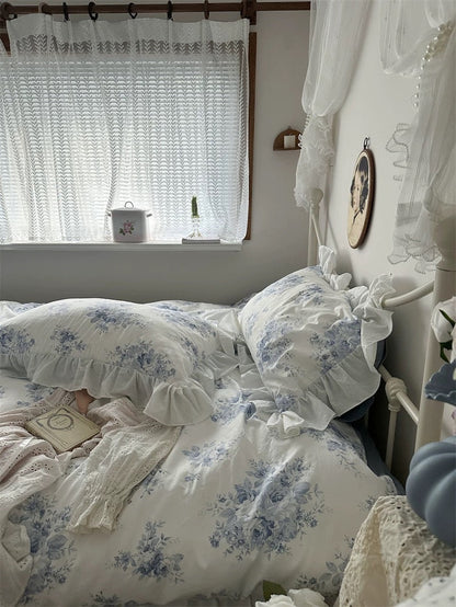 Blue Floral Ruffle Cotton Duvet Cover Set