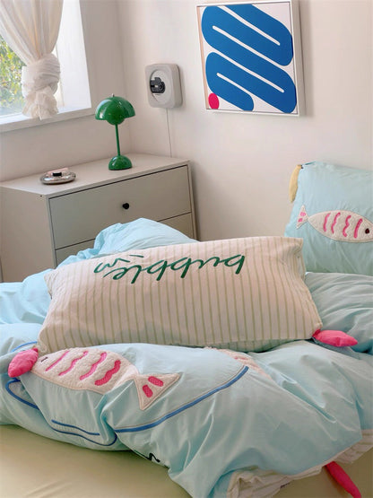 Blue Cartoon Fish Embroidered Bedding Set