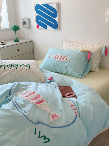 Blue Cartoon Fish Embroidered Bedding Set