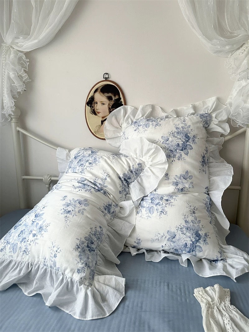 Blue Floral Ruffle Cotton Duvet Cover Set