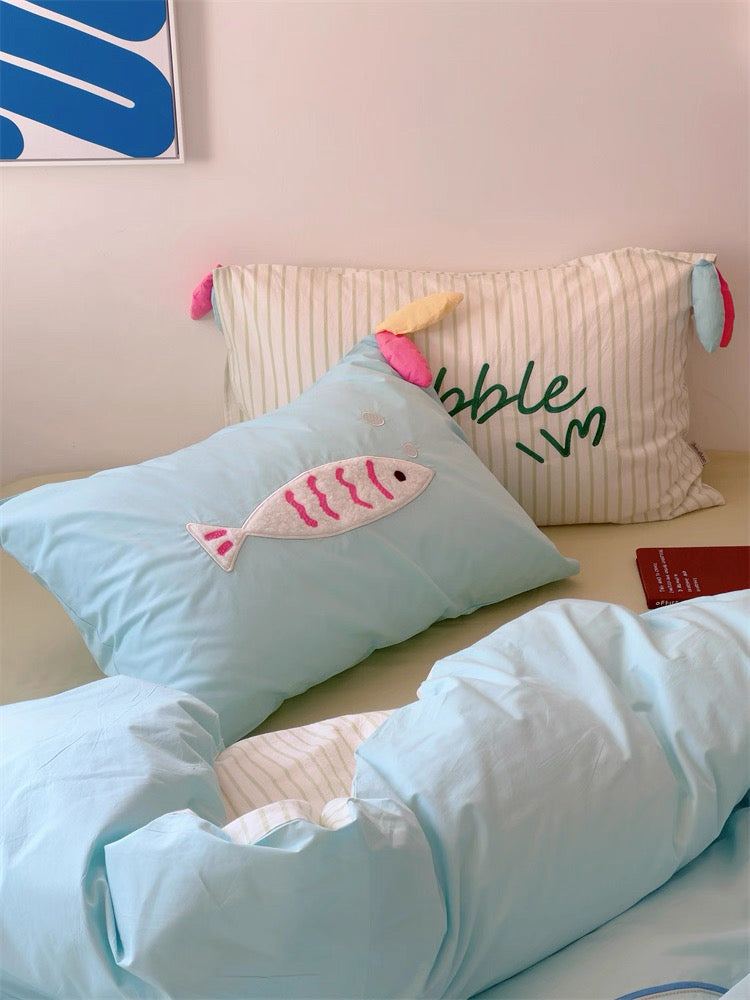 Blue Cartoon Fish Embroidered Bedding Set