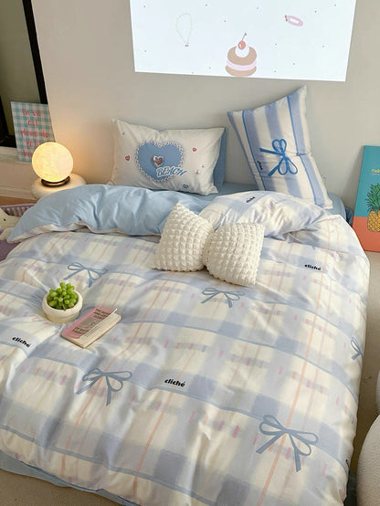 Blue Bow Cotton Bedding Set