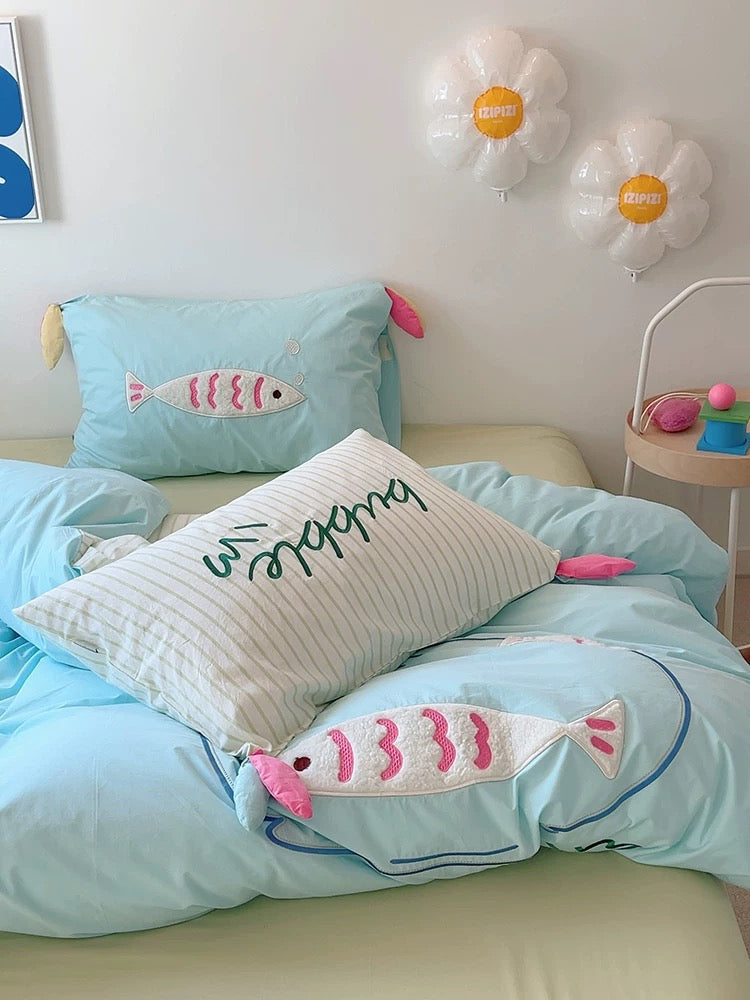 Blue Cartoon Fish Embroidered Bedding Set