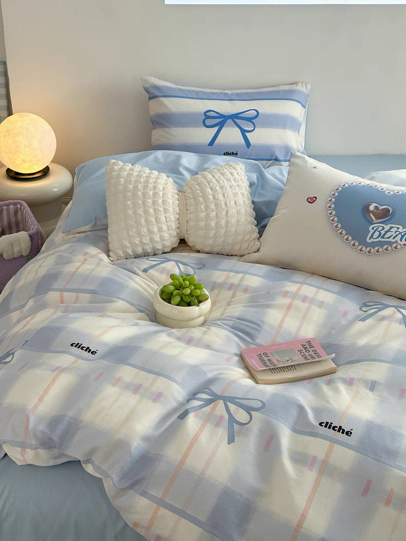 Blue Bow Cotton Bedding Set