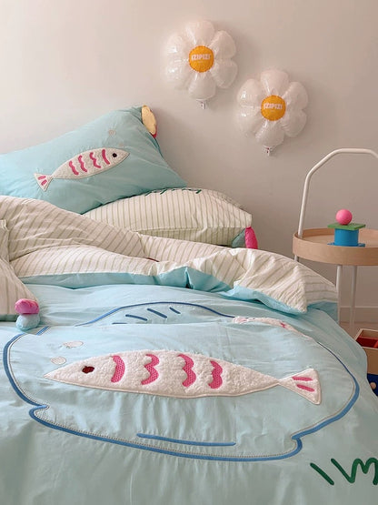 Blue Cartoon Fish Embroidered Bedding Set