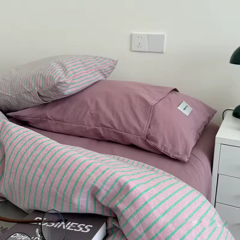 Purple Striped Cotton Duvet Cover Set