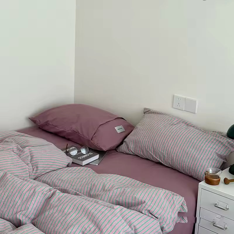 Purple Striped Cotton Duvet Cover Set