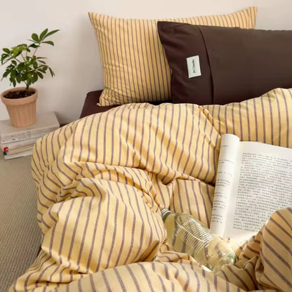 Yellow & Brown Striped Cotton Bedding Set