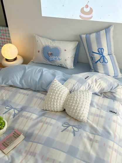 Blue Bow Cotton Bedding Set