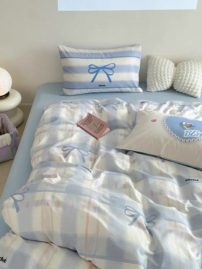 Blue Bow Cotton Bedding Set