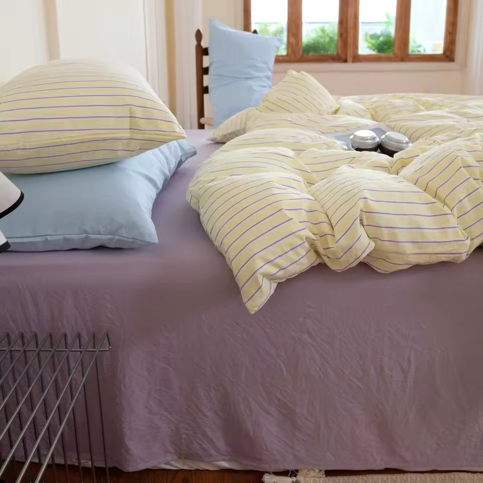 Pastel Yellow & Lilac Striped Bedding Set