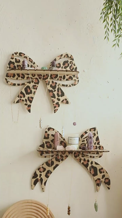 Leopard Print Wooden Wall Shelf with Bow Knot for Bedroom Decor
