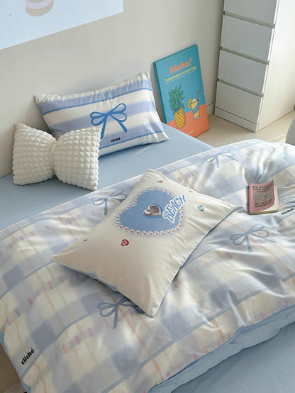 Blue Bow Cotton Bedding Set