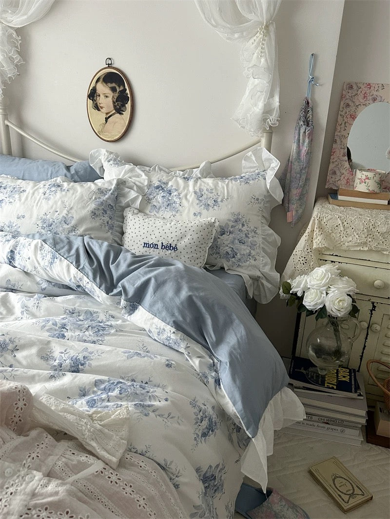 Blue Floral Ruffle Cotton Duvet Cover Set