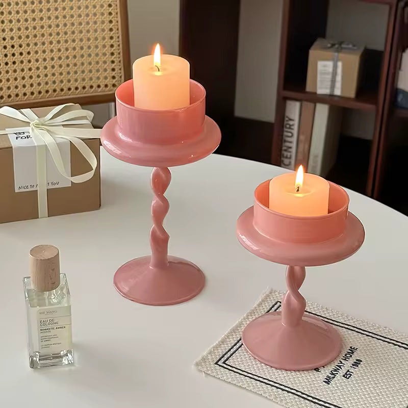 Pink Twisted Glass Candle Holder