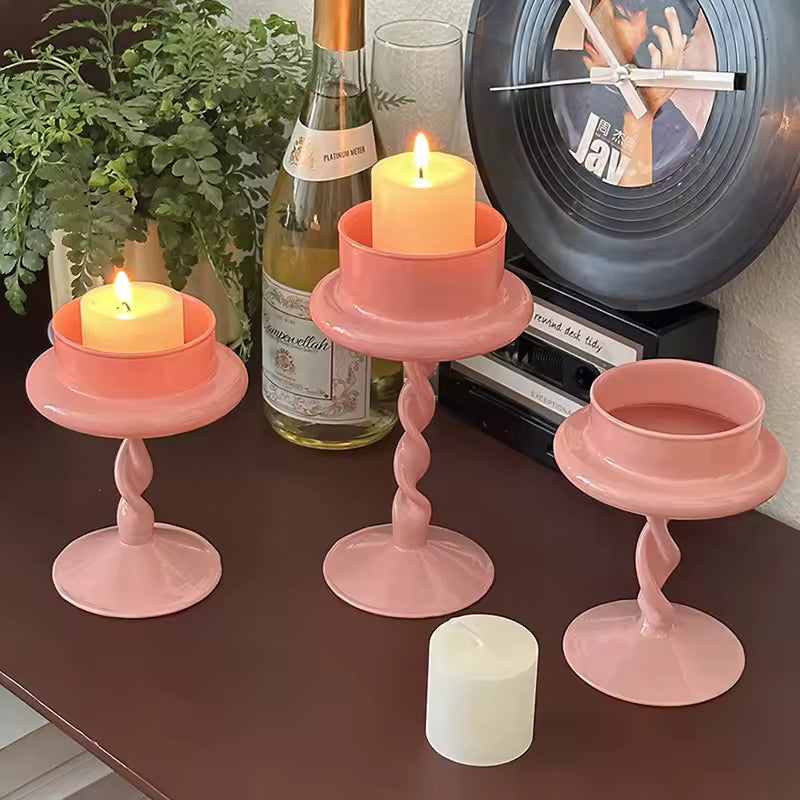 Pink Twisted Glass Candle Holder
