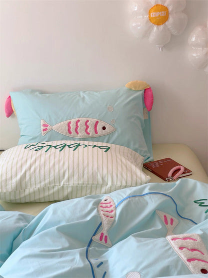 Blue Cartoon Fish Embroidered Bedding Set