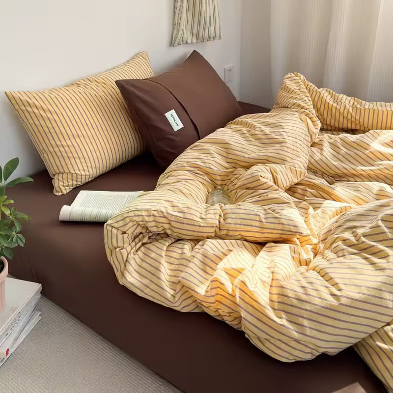 Yellow & Brown Striped Cotton Bedding Set