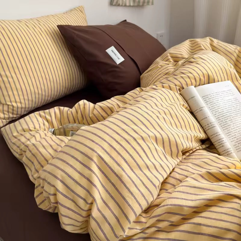 Yellow & Brown Striped Cotton Bedding Set